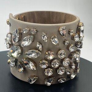 J. Crew‎ Beige Leather Floral Geometric Rhinestone Statement Wide Cuff Bracelet